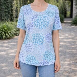 Karen Scott Womens XL Floral T Shirt Blue Purple Short Sleeve Cotton Top